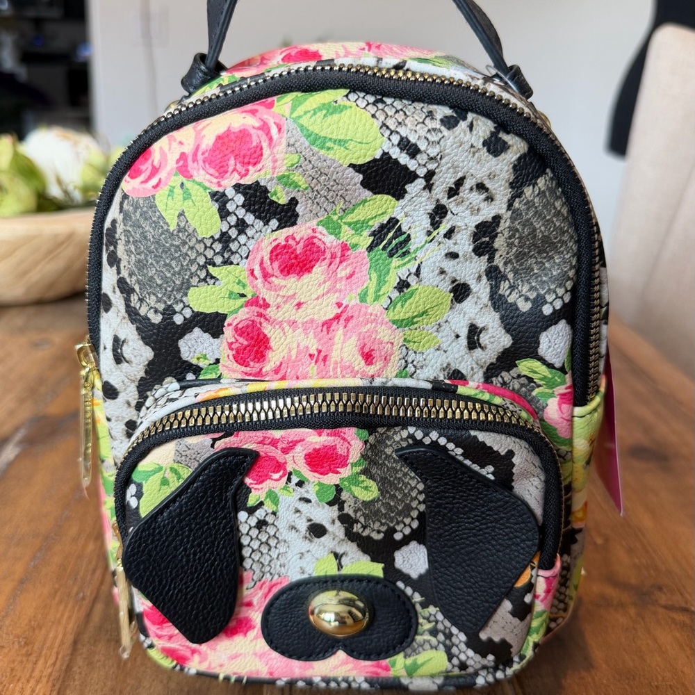NWT Betsey Johnson Puppy Floral Snake-Print Mini Backpack - Pink/Black